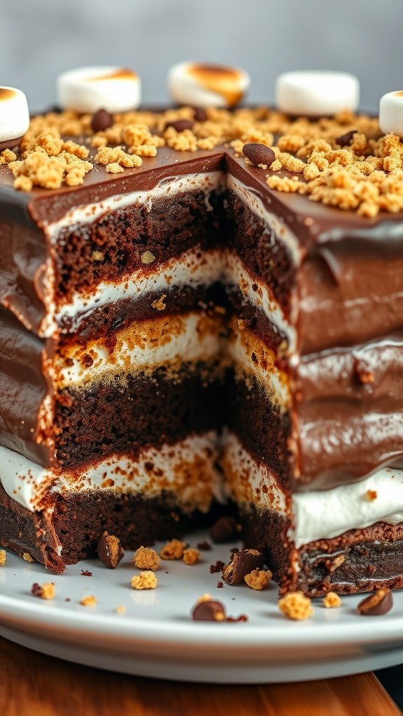 A rich S'mores Valentine Cake with layers of chocolate and marshmallow, topped with graham crackers and mini marshmallows.