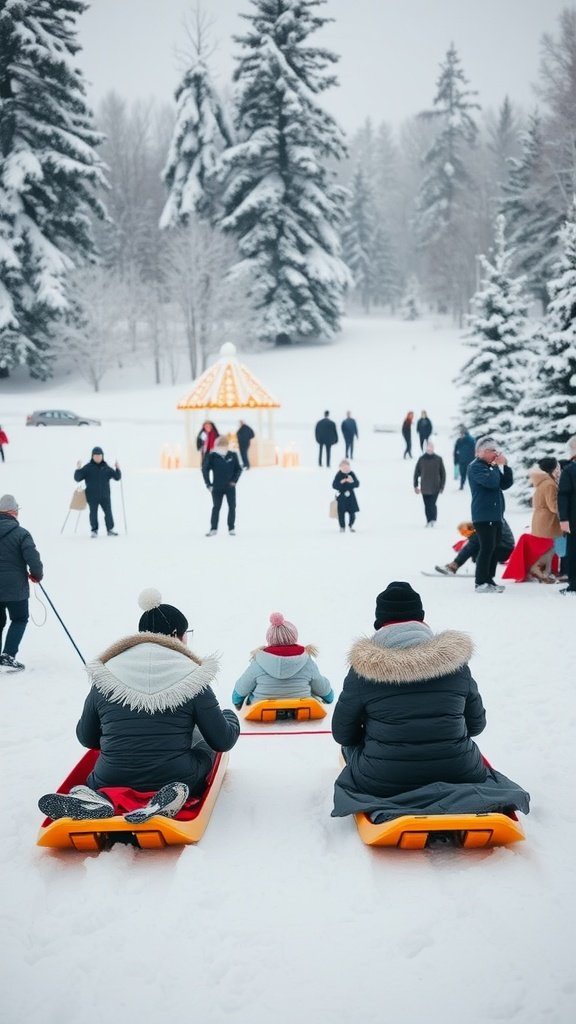 Families sledding on a snowy day during a winter wedding celebration.