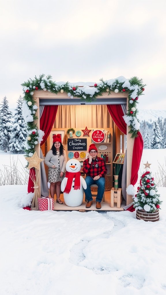 A winter wedding photo booth with a snowman, festive decorations, and two smiling guests in a snowy landscape.