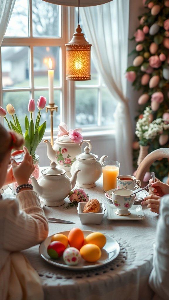A cozy Easter tea party setting with decorative elements, tea, and colorful eggs