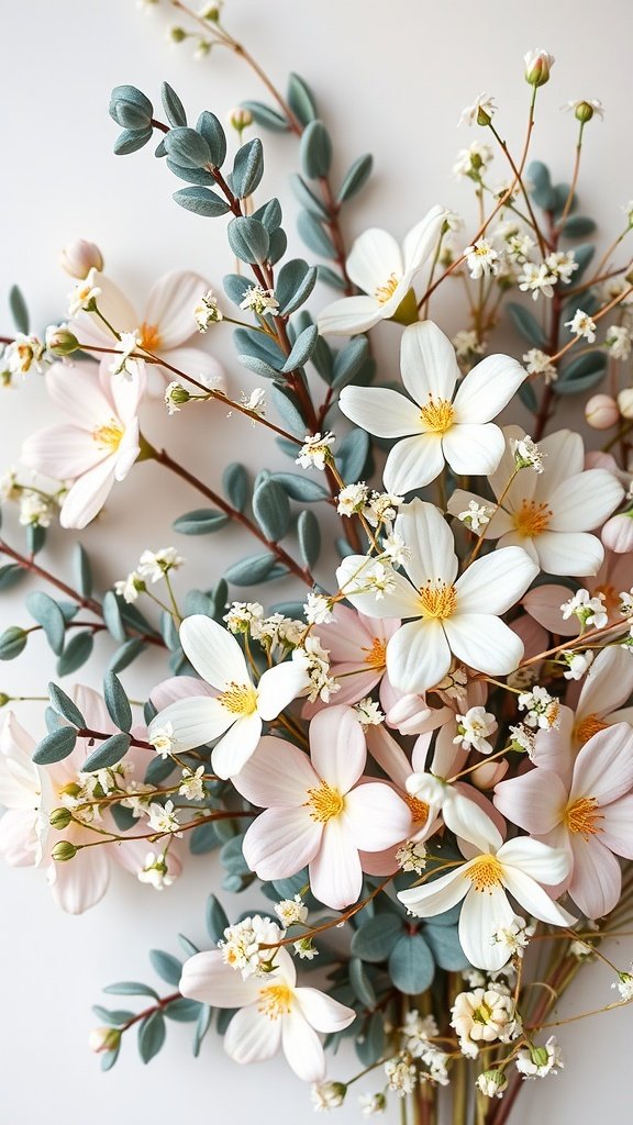 A bouquet featuring soft eucalyptus and delicate flowers in blush and white hues.