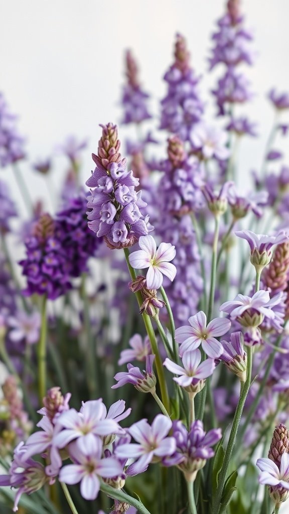 A bouquet featuring soft lavender and purple flowers in a beautiful arrangement.