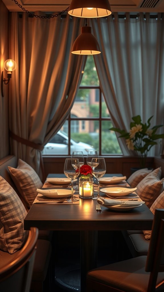 A cozy Valentine's table setting with soft pillow seating, elegant glassware, a candle, and a single rose.