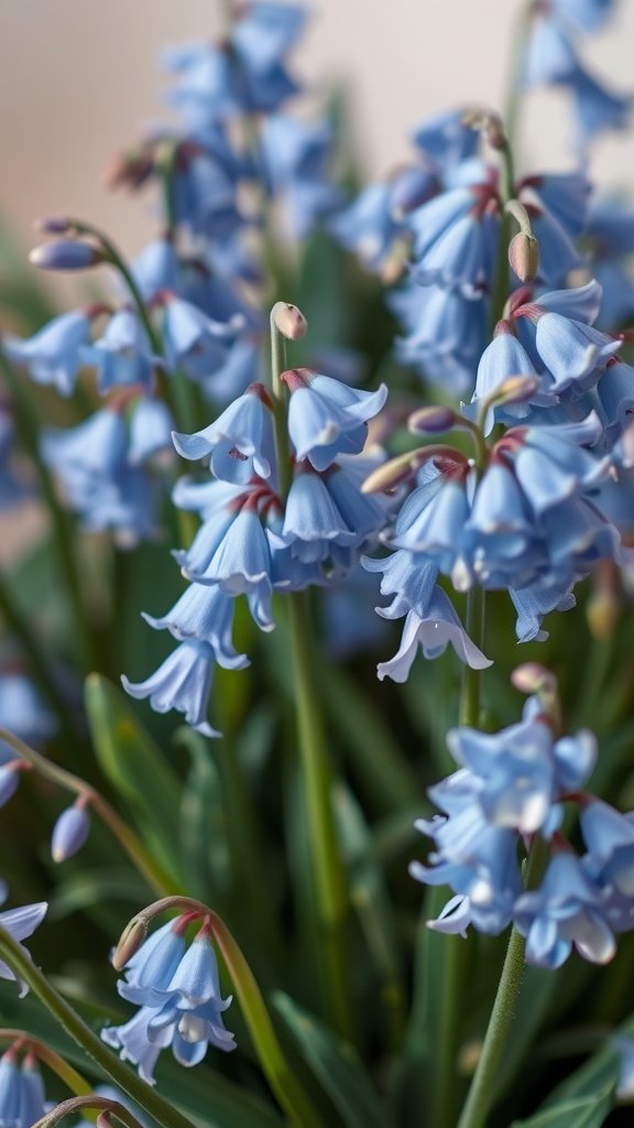 A close-up of bluebell flowers with soft blue petals and green leaves.