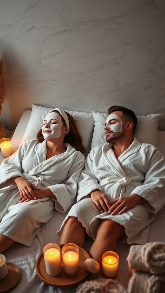 A couple enjoying a spa day at home with face masks and candles