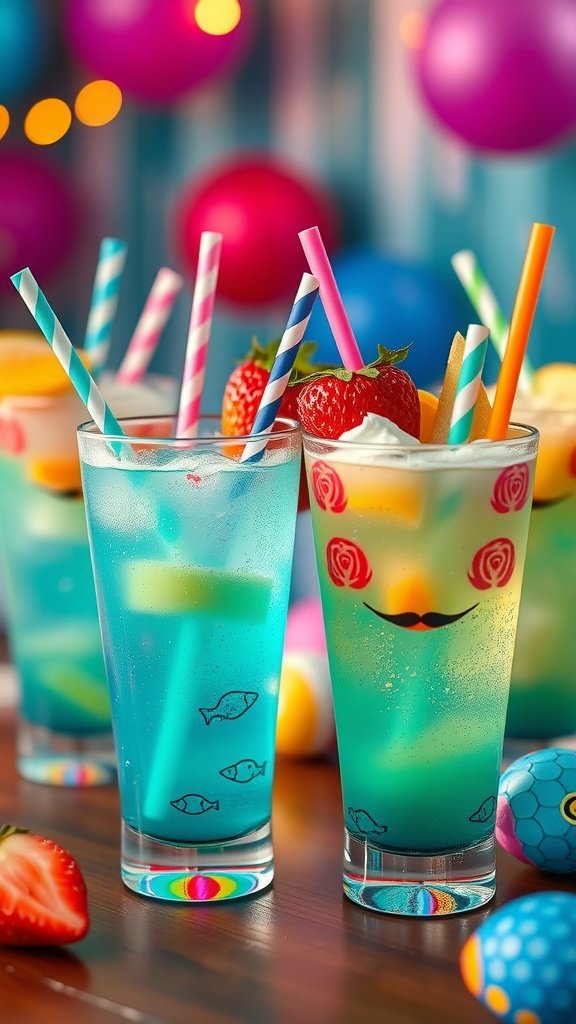 Colorful sparkling drinks for a mermaid party, featuring blue drinks with fruits and fun straws.
