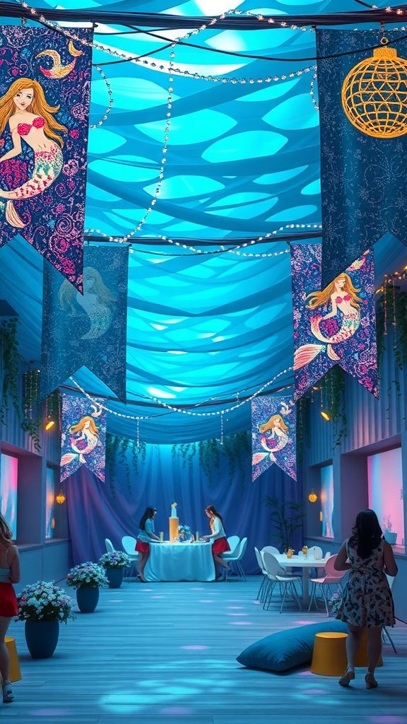 A beautifully decorated space for a mermaid party, featuring sparkly banners and a festive atmosphere.