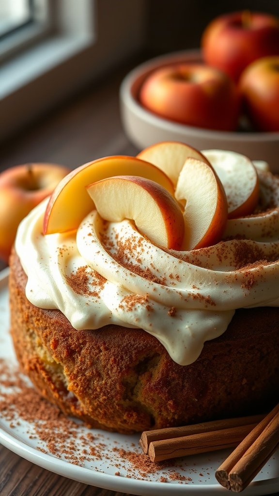 A spiced apple cake topped with frosting and apple slices, with a bowl of apples in the background.