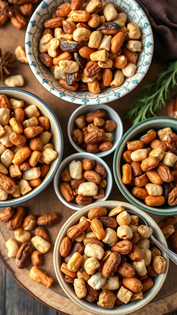 A variety of spiced nuts and trail mix in bowls on a wooden table.