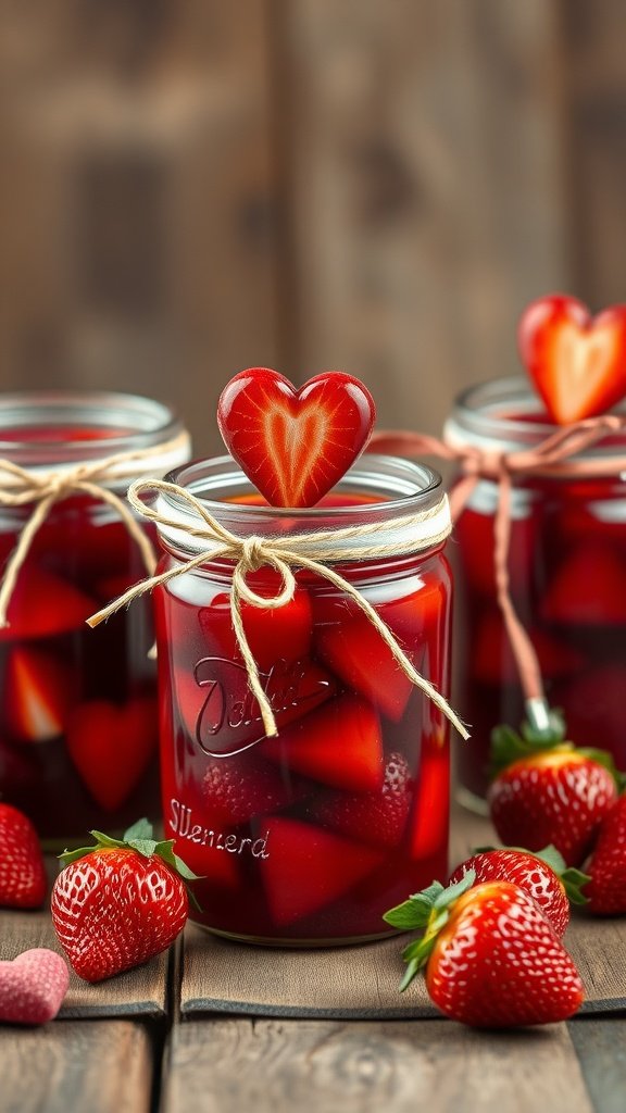 A jar of spiced strawberry jam with heart-shaped strawberries on top, perfect for Valentine's Day.