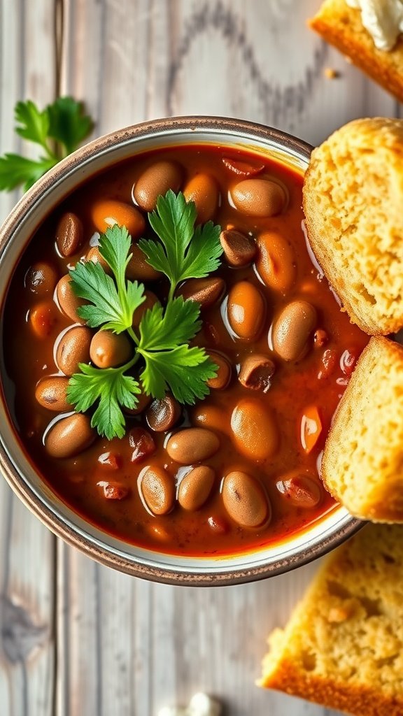A bowl of spicy chocolate chili topped with fresh cilantro and served with cornbread.