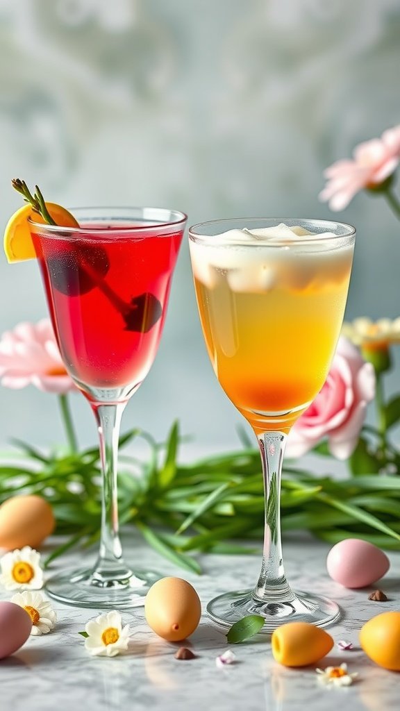 Two colorful cocktails for a spring-themed Easter tea party, surrounded by pastel Easter eggs and flowers.