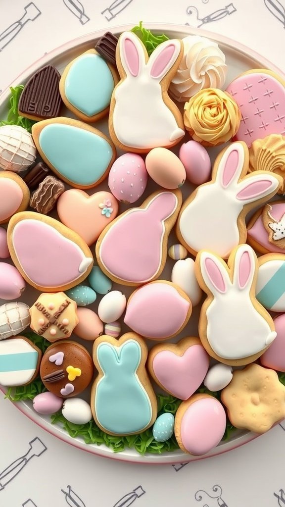 A colorful platter of spring-themed cookies shaped like bunnies and eggs, decorated with vibrant icing.