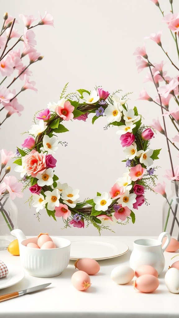 A beautiful floral wreath surrounded by pink flowers and decorated Easter eggs on a table.