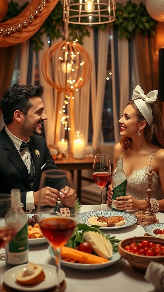 Couple enjoying a themed dinner night with a variety of dishes and drinks, smiling at each other in a cozy, decorated room.
