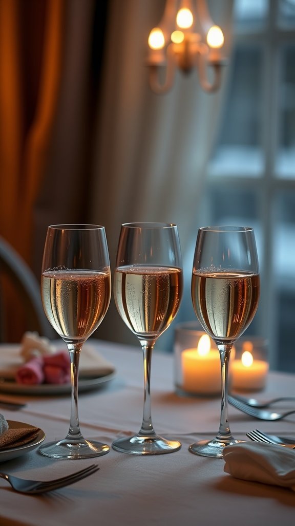 Three elegant glasses of sparkling wine on a beautifully set table with candles in the background. Valentines Table Decor