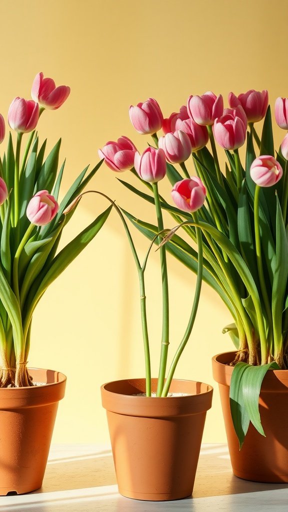 A stylish bouquet of pink tulips in terracotta pots against a yellow background.