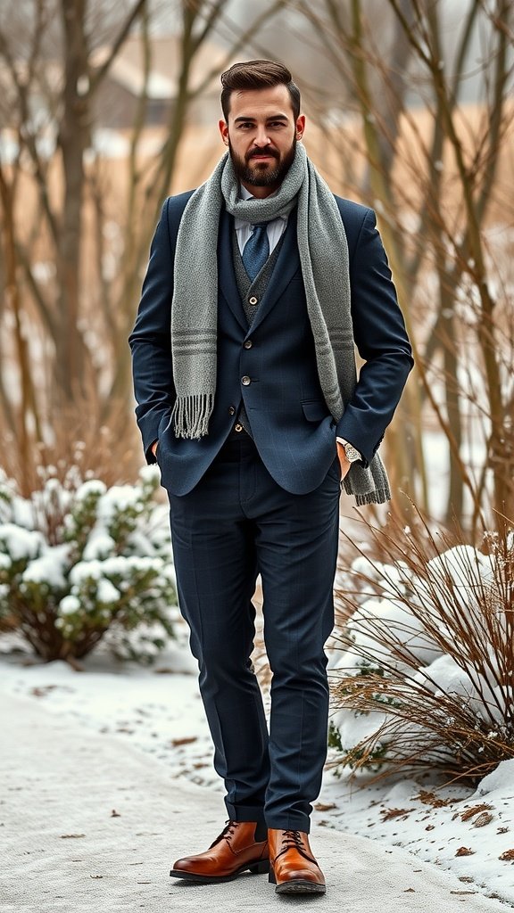 A groom in a tailored navy suit and gray scarf standing in a snowy outdoor setting.