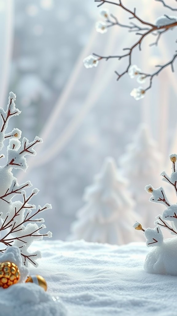 A serene winter scene with snow-covered trees and soft decorations, perfect for inspiring winter wedding invitations.