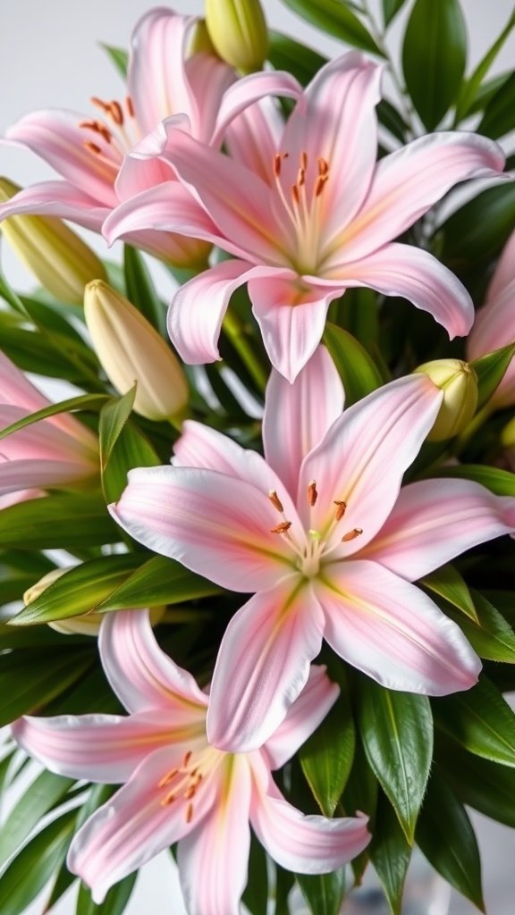 A bouquet of pink lilies with green leaves