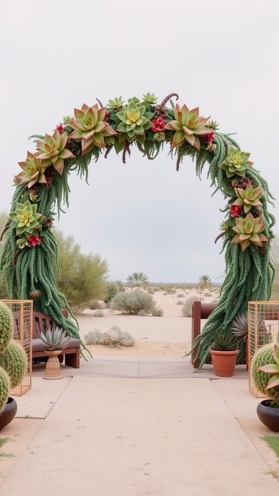A wedding arch featuring vibrant succulents and cacti, set in a rustic outdoor setting
