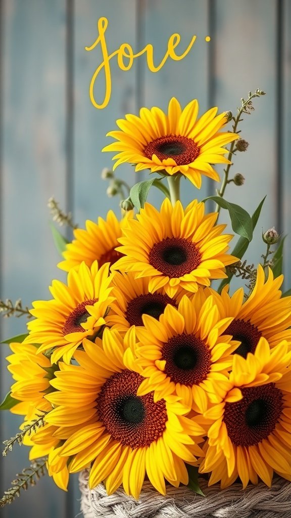 A vibrant bouquet of sunflowers showcasing their bright yellow petals and dark centers, symbolizing joy and warmth.