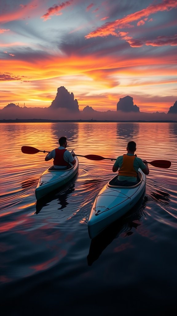 Two people kayaking at sunset with colorful sky and mountains in the background.