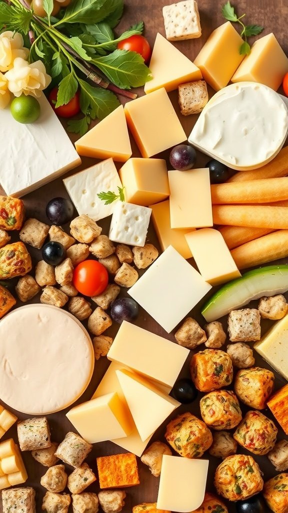 A colorful grazing table featuring a variety of cheese alternatives, vegetables, and crackers.