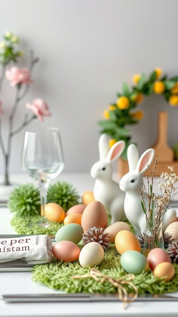 A beautifully arranged Easter tablescape featuring pastel-colored eggs, decorative bunnies, fresh flowers, and a green grass-like base.