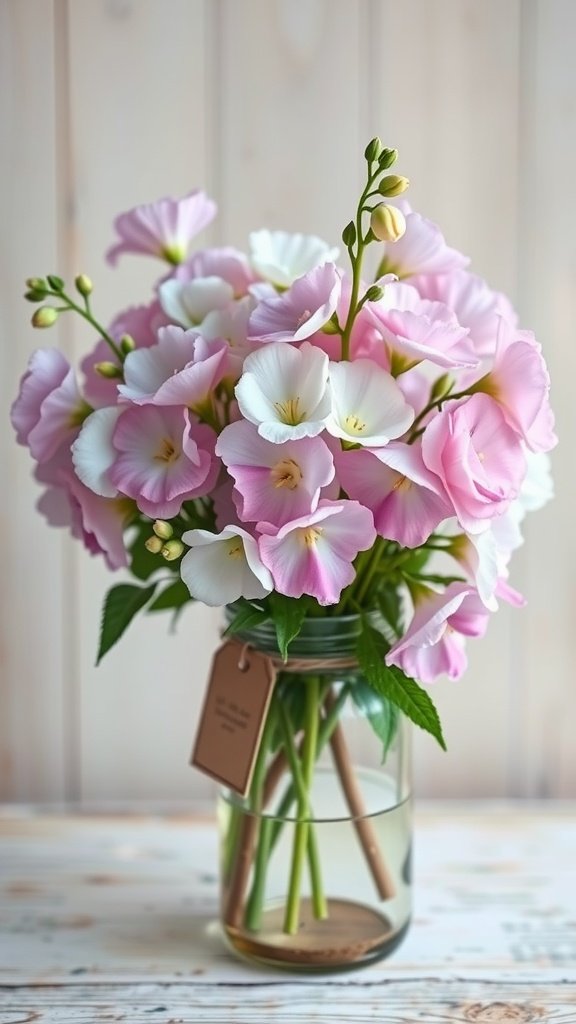 A vase with a bouquet of pink and white sweet peas, showcasing their delicate petals.