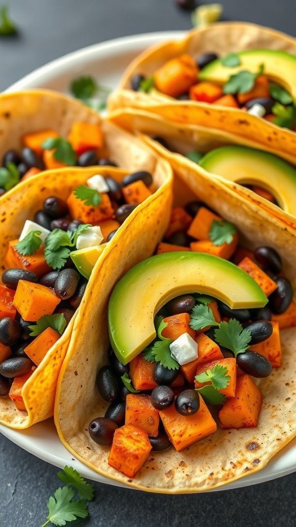 Colorful sweet potato and black bean tacos topped with avocado and cilantro