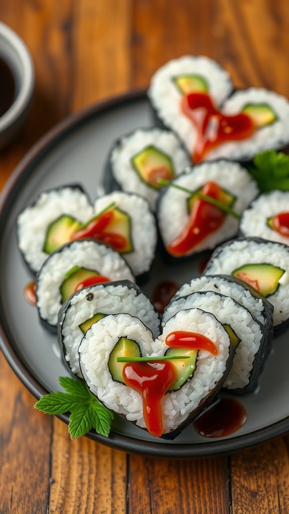 Heart-shaped sushi rolls with cucumber and sauces