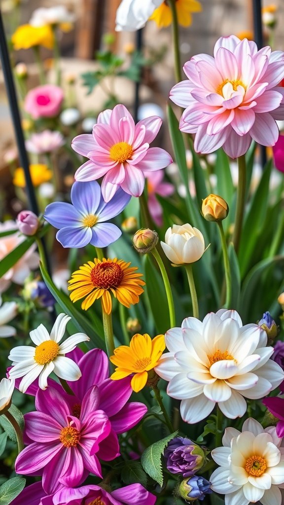 A colorful bouquet of various spring flowers including daisies, tulips, and sunflowers.