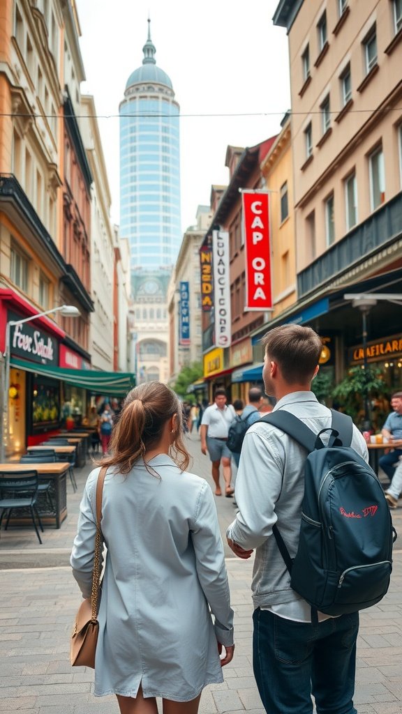 A couple walking through a lively street in a city, with shops and a tall building in the background.