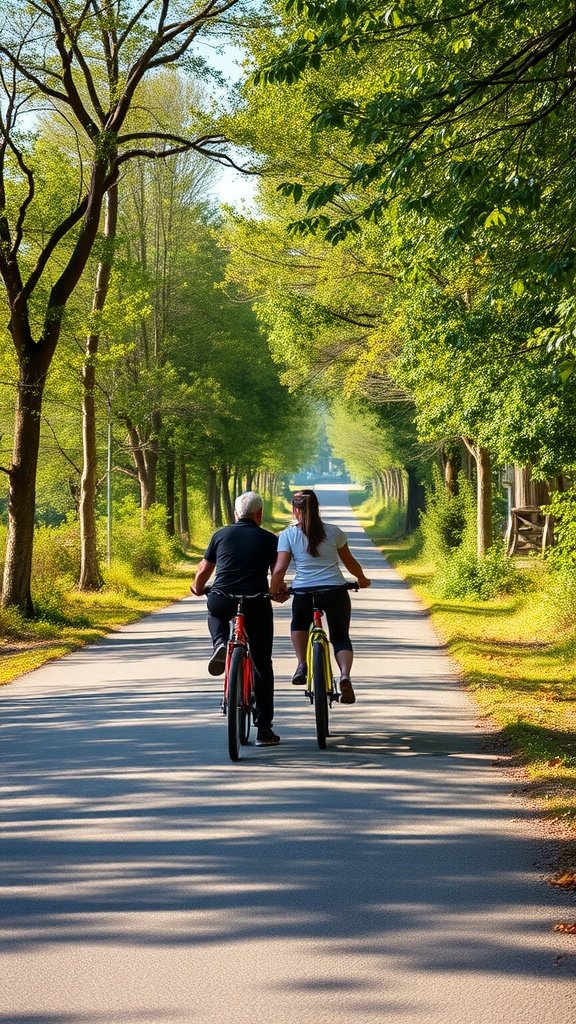 A couple riding bikes on a sunny path surrounded by trees