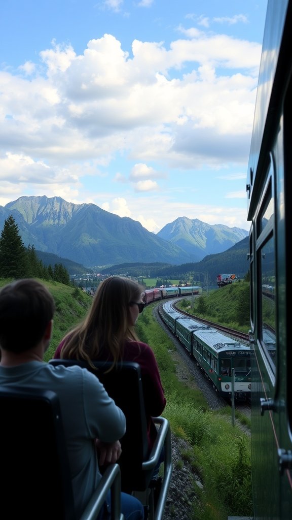 A couple enjoying a scenic train ride with mountains and clouds in the background.