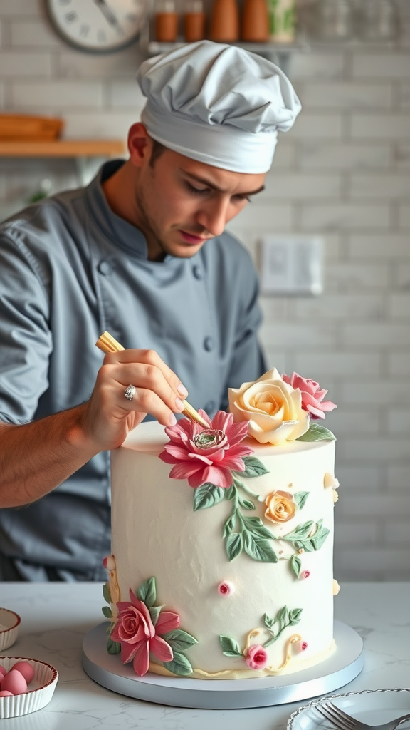 A Rococo-style cake decorated with intricate floral designs and vibrant colors.