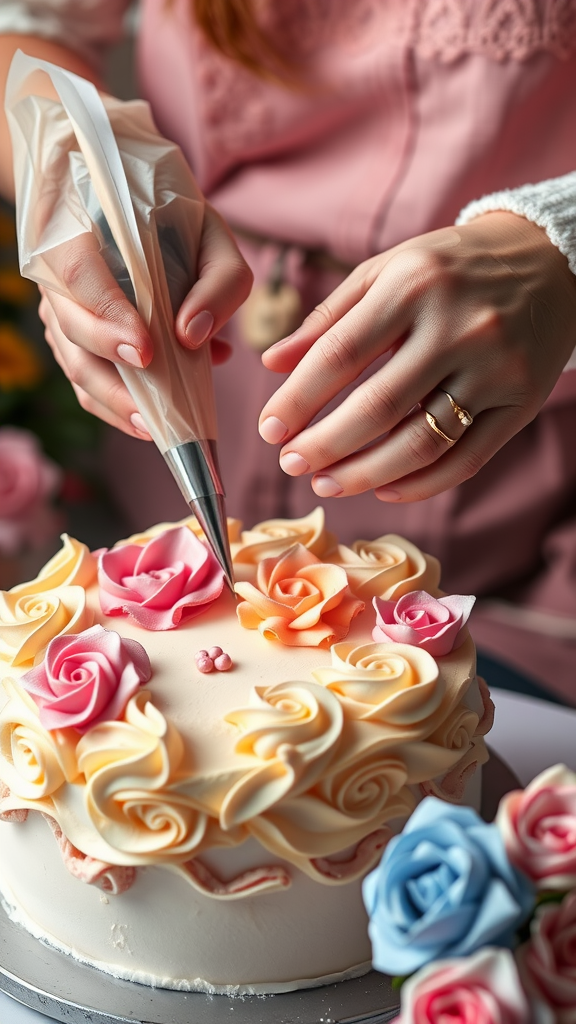A beautifully decorated cake with floral frosting designs.