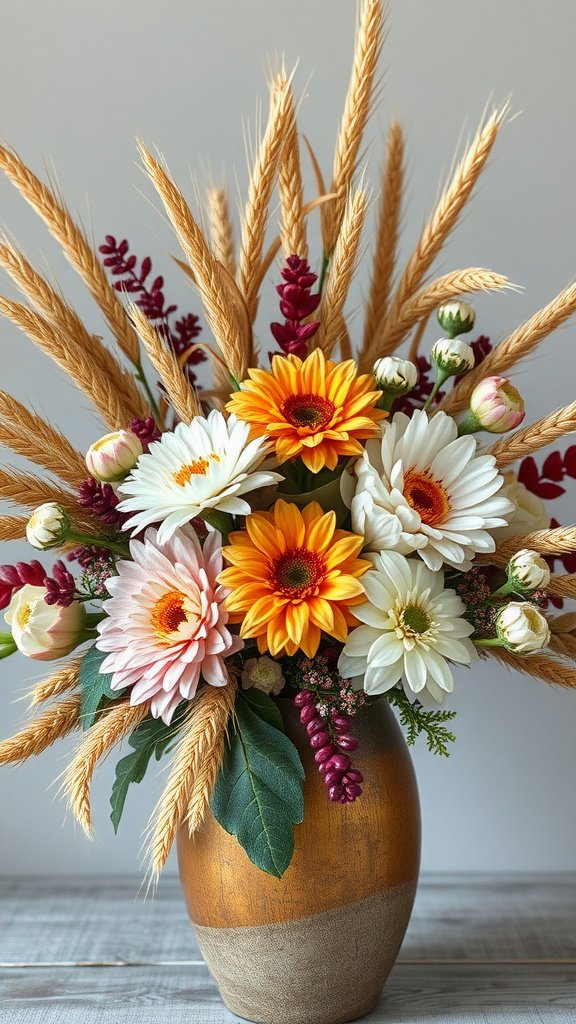 A beautiful arrangement of fall wedding flowers featuring sunflowers, daisies, and golden wheat in a decorative vase.