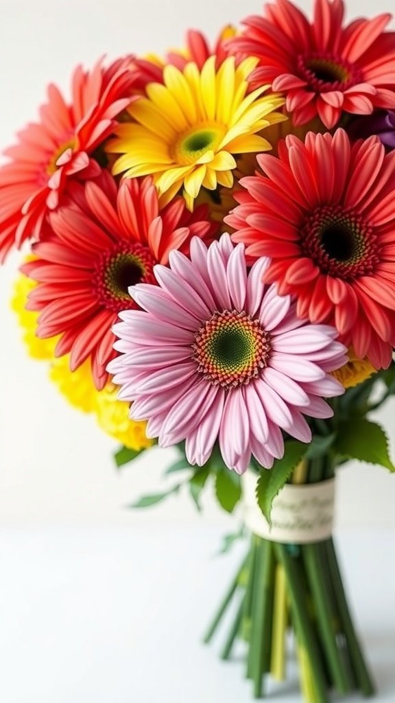 A colorful bouquet of gerbera daisies in red, yellow, and pink shades, ideal for spring weddings.