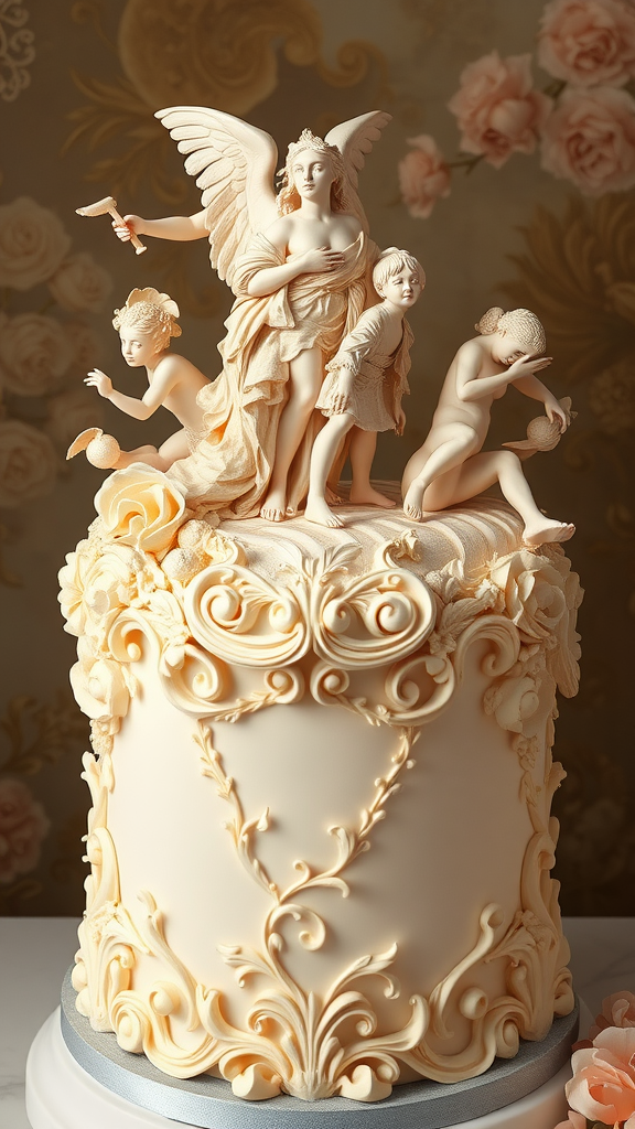 A beautifully decorated Rococo cake showcasing sugar art with intricate designs.