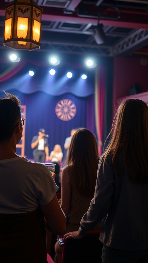 A cozy theater scene with audience members enjoying a live performance on stage