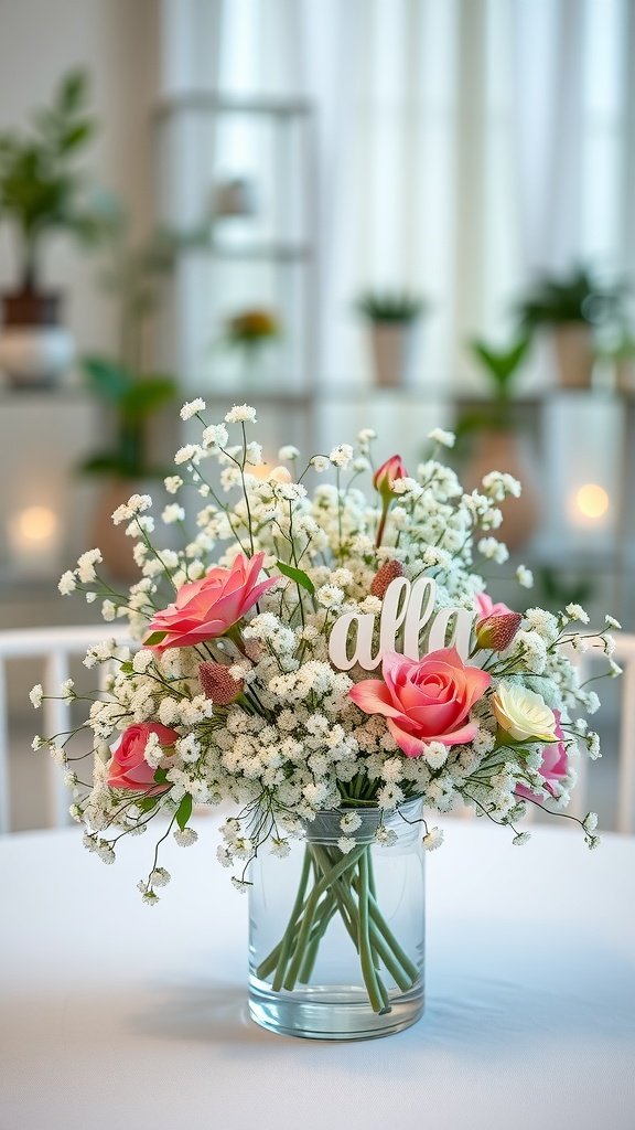 A centerpiece made with baby’s breath and roses in a clear vase, featuring a decorative sign.