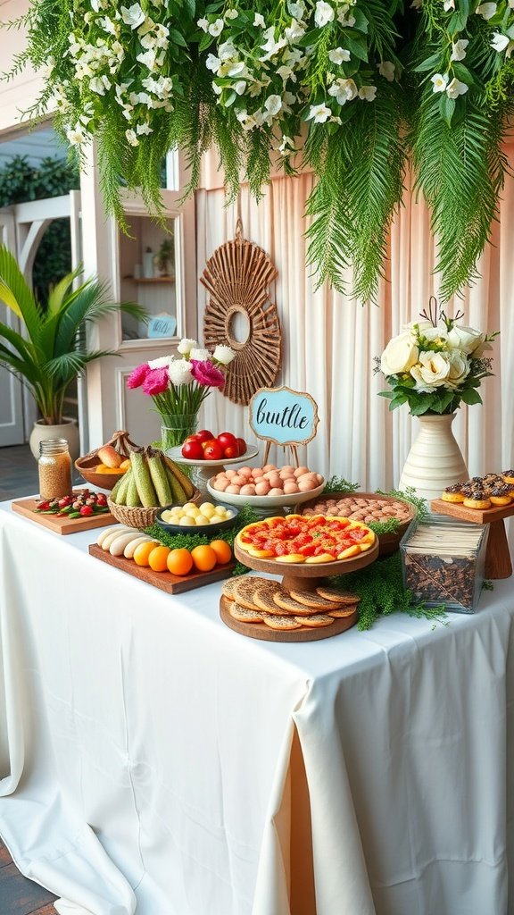 A beautifully arranged grazing table featuring fruits, vegetables, and baked goods with flowers and greenery.
