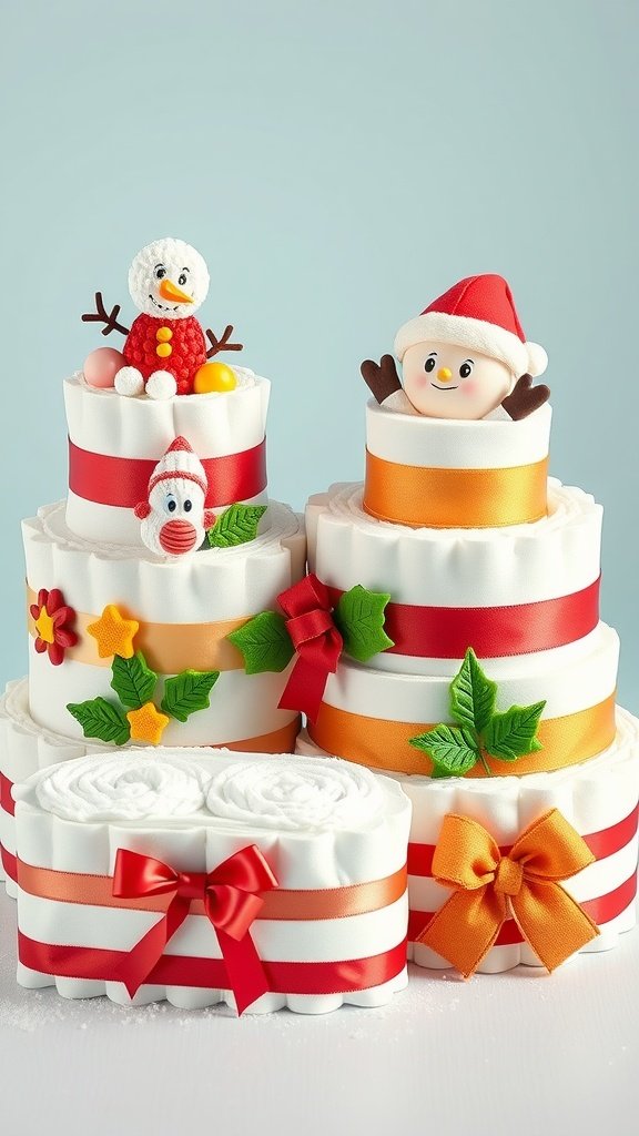 Festively decorated mini diaper cakes with holiday themes, featuring colorful ribbons and cheerful characters.
