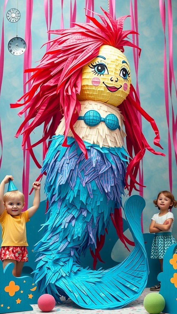 A colorful mermaid piñata with two kids at a party