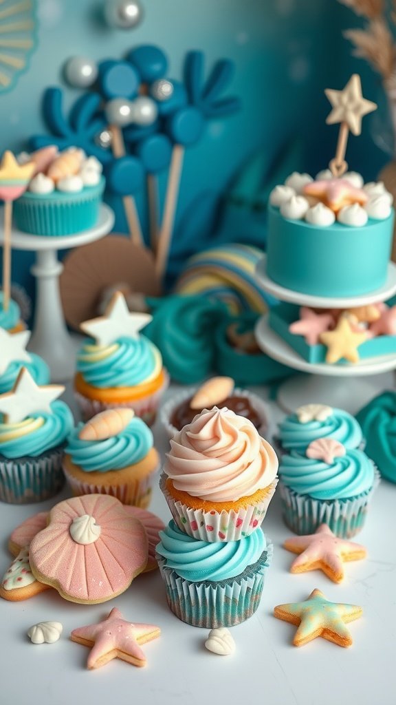 Colorful mermaid-themed cupcakes and cookies on a table