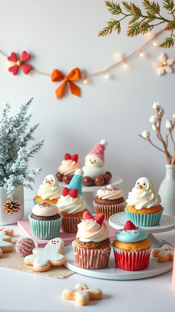 A colorful display of themed cupcakes and cookies on a grazing table, featuring festive decorations.