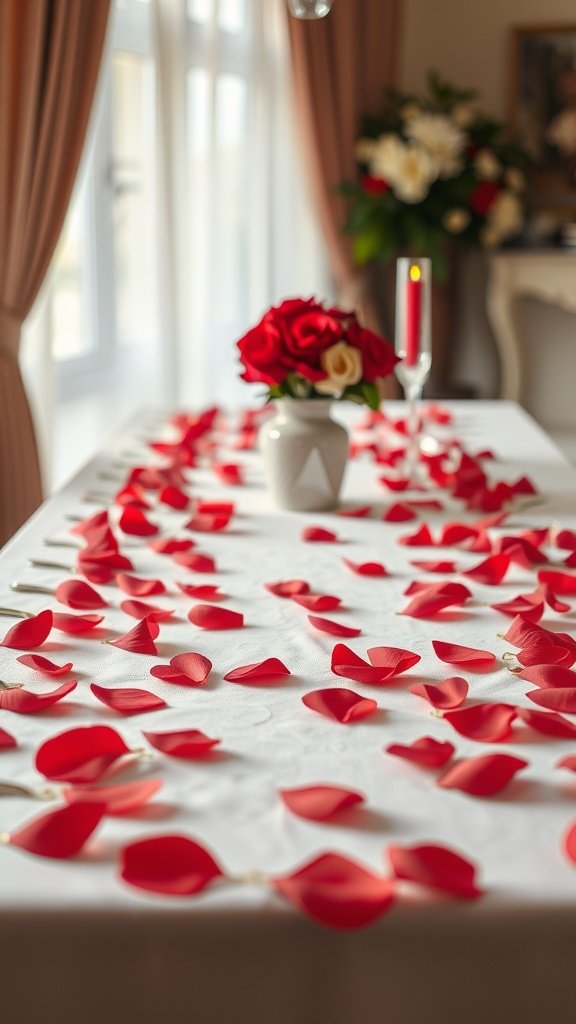 A romantic Valentine's table set with a white tablecloth, red rose petals, a vase of roses, and a lit candle.