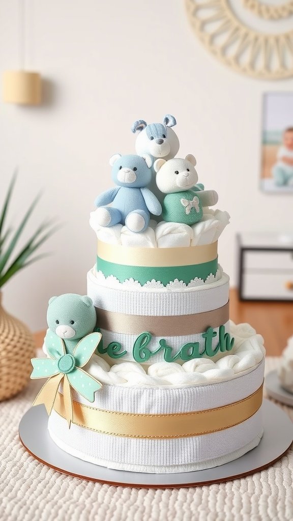 A beautifully arranged mini diaper cake featuring soft colors and teddy bears, perfect for a baby's nursery.